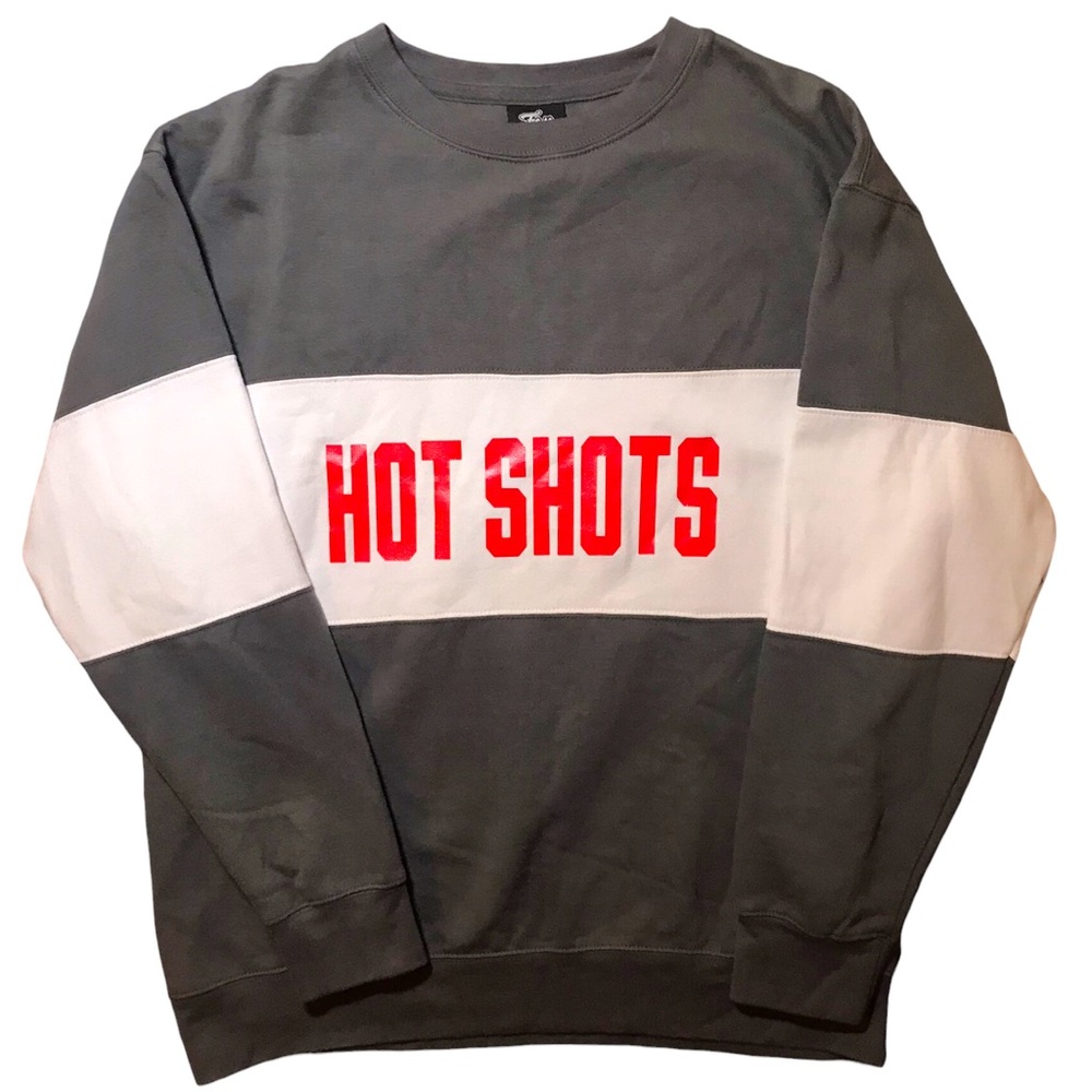 Loose fitting dark green and white color stripe crewneck sweater “hot shots”logo